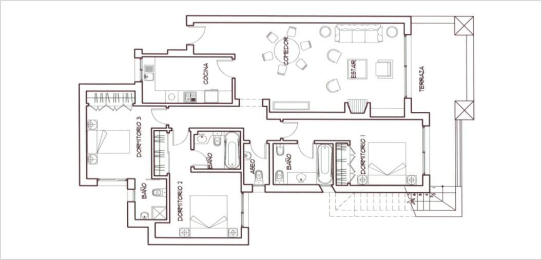 Planlösning för Casa Inflectos lägenhetsplan.