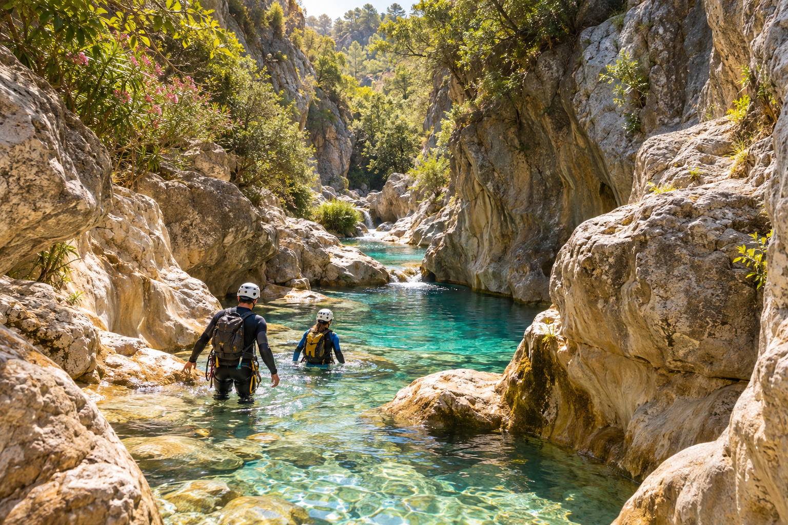 Fotorealistisk illustration av canyoning i en solbelyst ravin med turkost vatten, inspirerad av Benahavís.