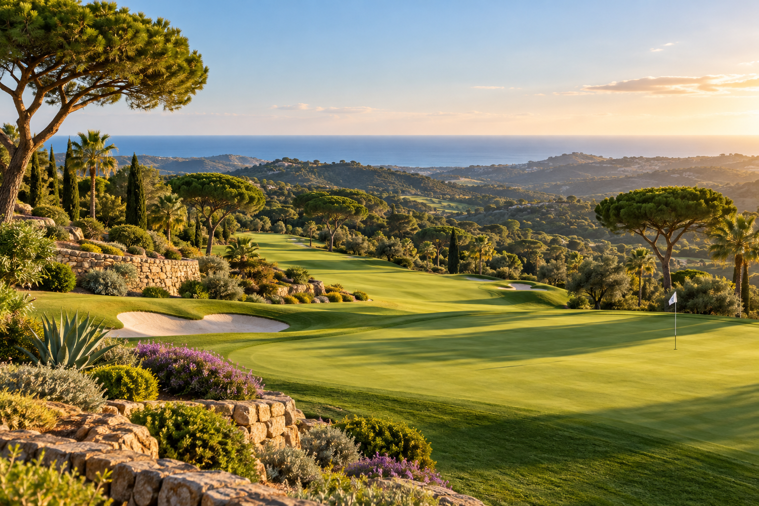 Illustration av golf på Costa del Sol med grönskande fairways och Medelhavet i panorama.
